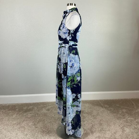 Eliza J Women's Floral Print Chiffon High Low Maxi Dress Blue Size 8 Halter - Picture 5 of 15